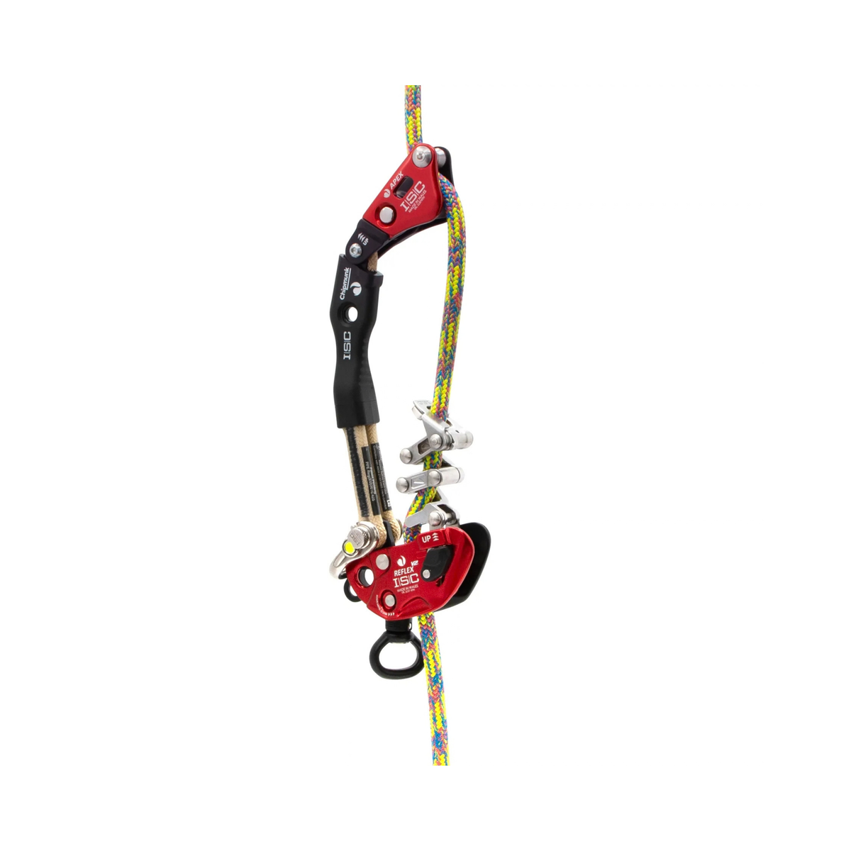REFLEX V2 Mechanical Hitch attached to colorful rope, designed for arborists and rope-access professionals.