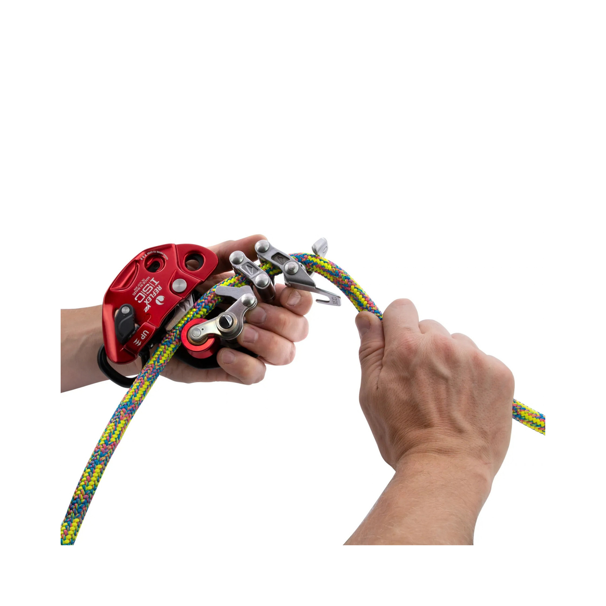 REFLEX V2 Mechanical Hitch in use with colorful rope for arborists and rope-access professionals.