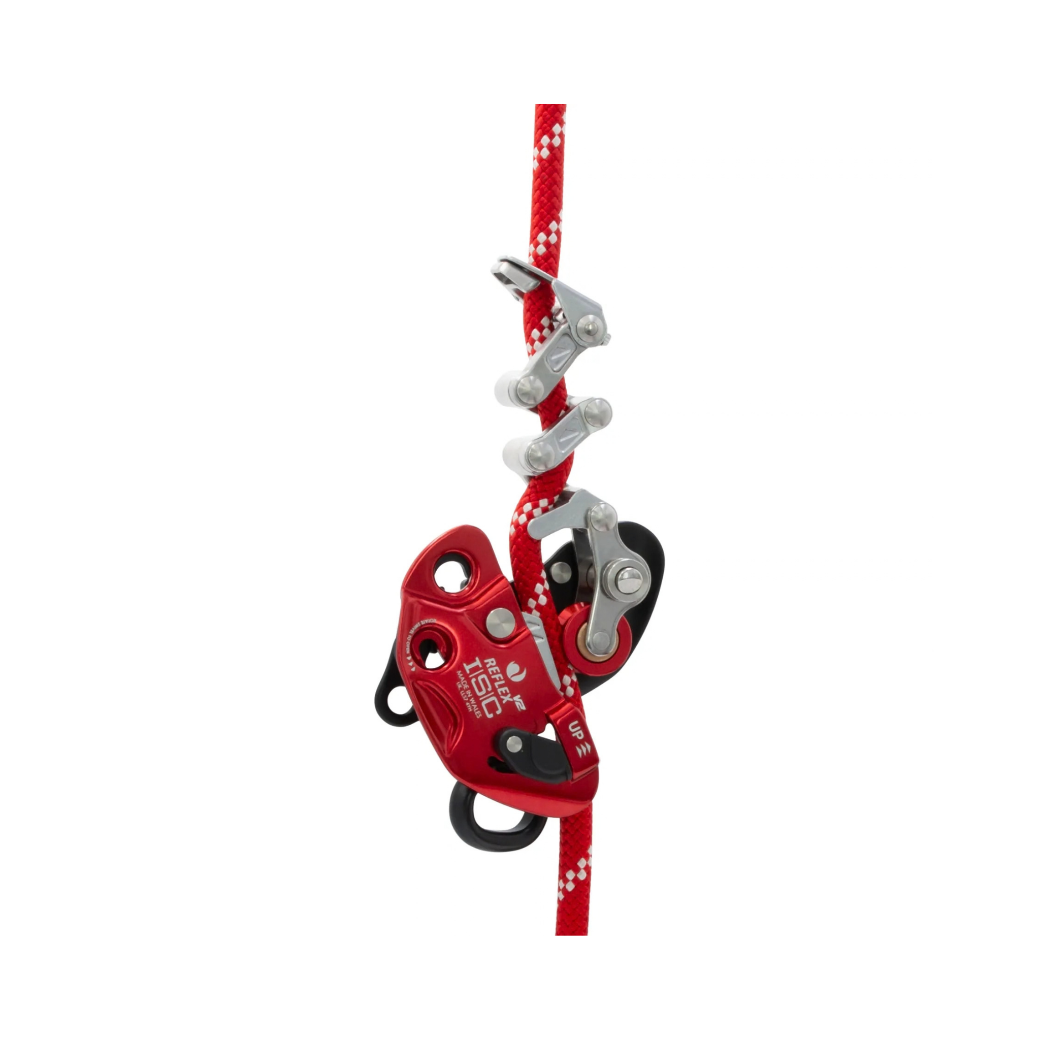 REFLEX V2 Mechanical Hitch attached to a rope, showcasing its design and functionality for arborists.