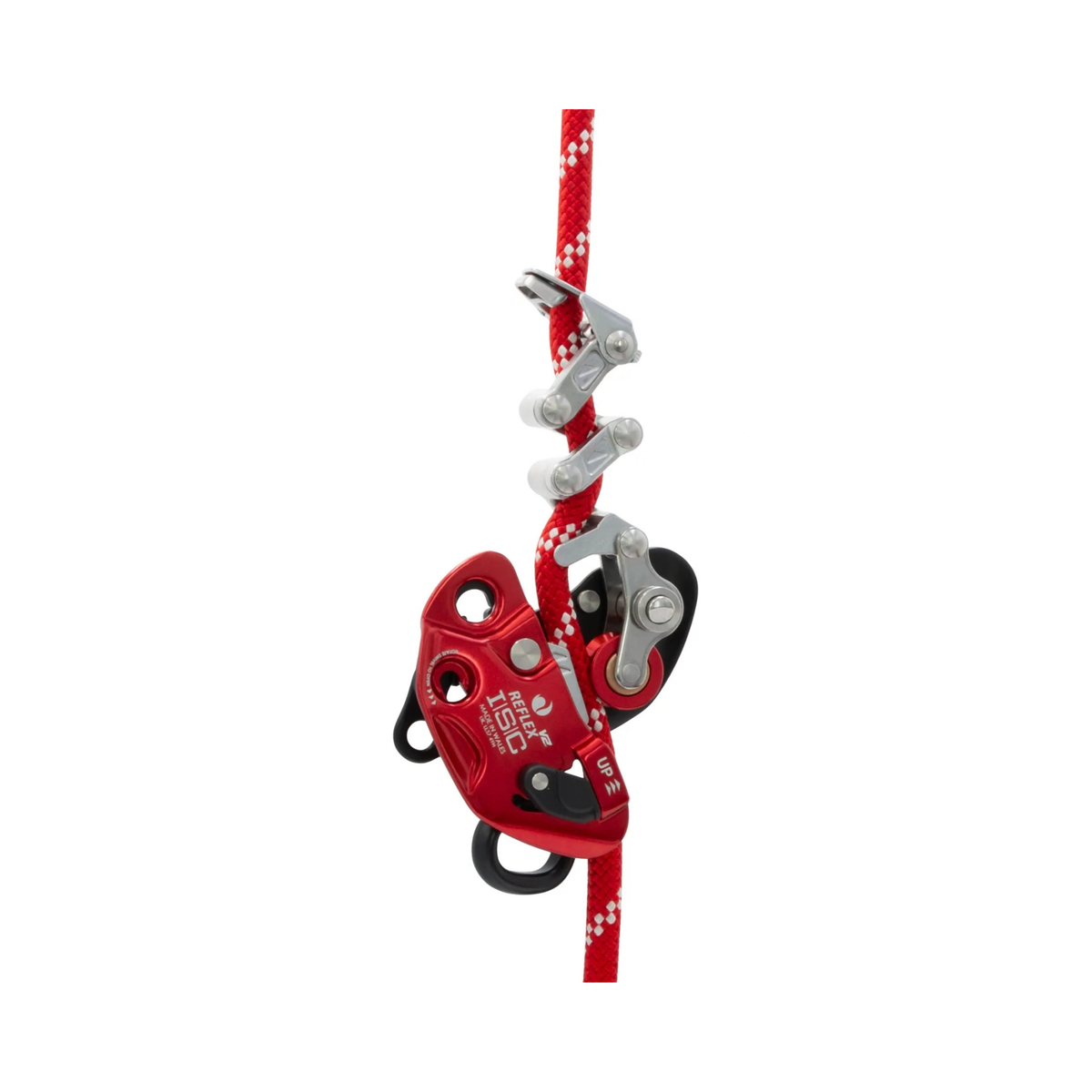 REFLEX V2 Mechanical Hitch attached to a rope, showcasing its design and functionality for arborists.