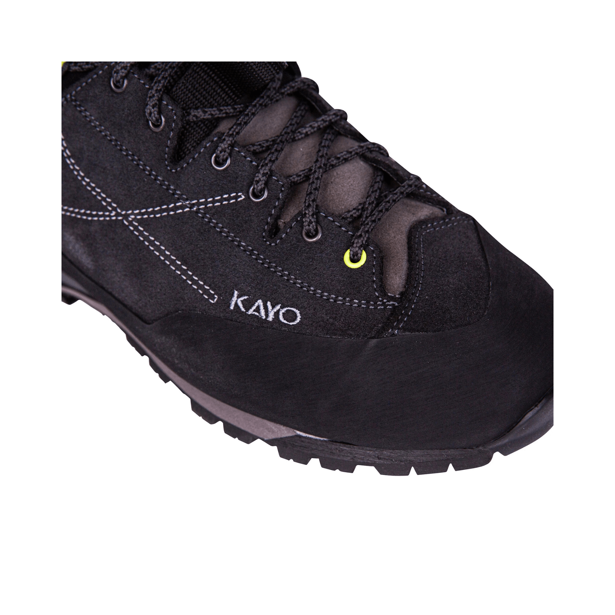 Close-up of Kayo Black Chainsaw Boots with laces, designed for tree surgeons and arborists.