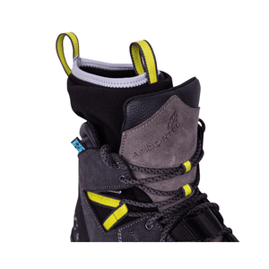 Close-up of Arbortec Kayo Black Chainsaw Boots, highlighting secure lacing and protective collar for tree surgeons.