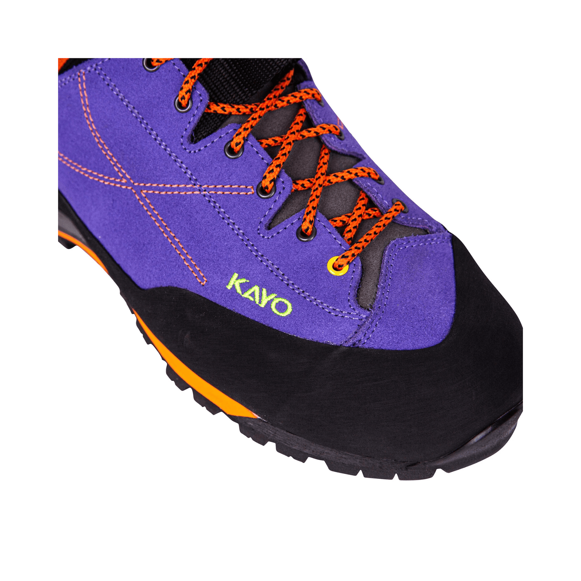 Kayo purple chainsaw boots Class 2 with orange laces, ideal for tree surgeons seeking safety and comfort.