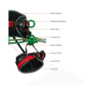 DMM Kinisi PRO Tree Climbing Sit Harness features with waist buckle, webbing stoppers, forward Ds, and rope bridges.