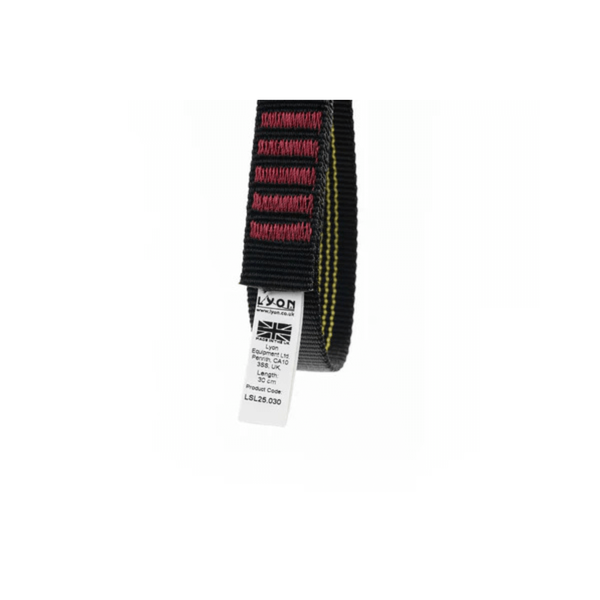 Lyon 25mm Webbing Endless Sling showing label and stitching details for climbing and rigging applications.