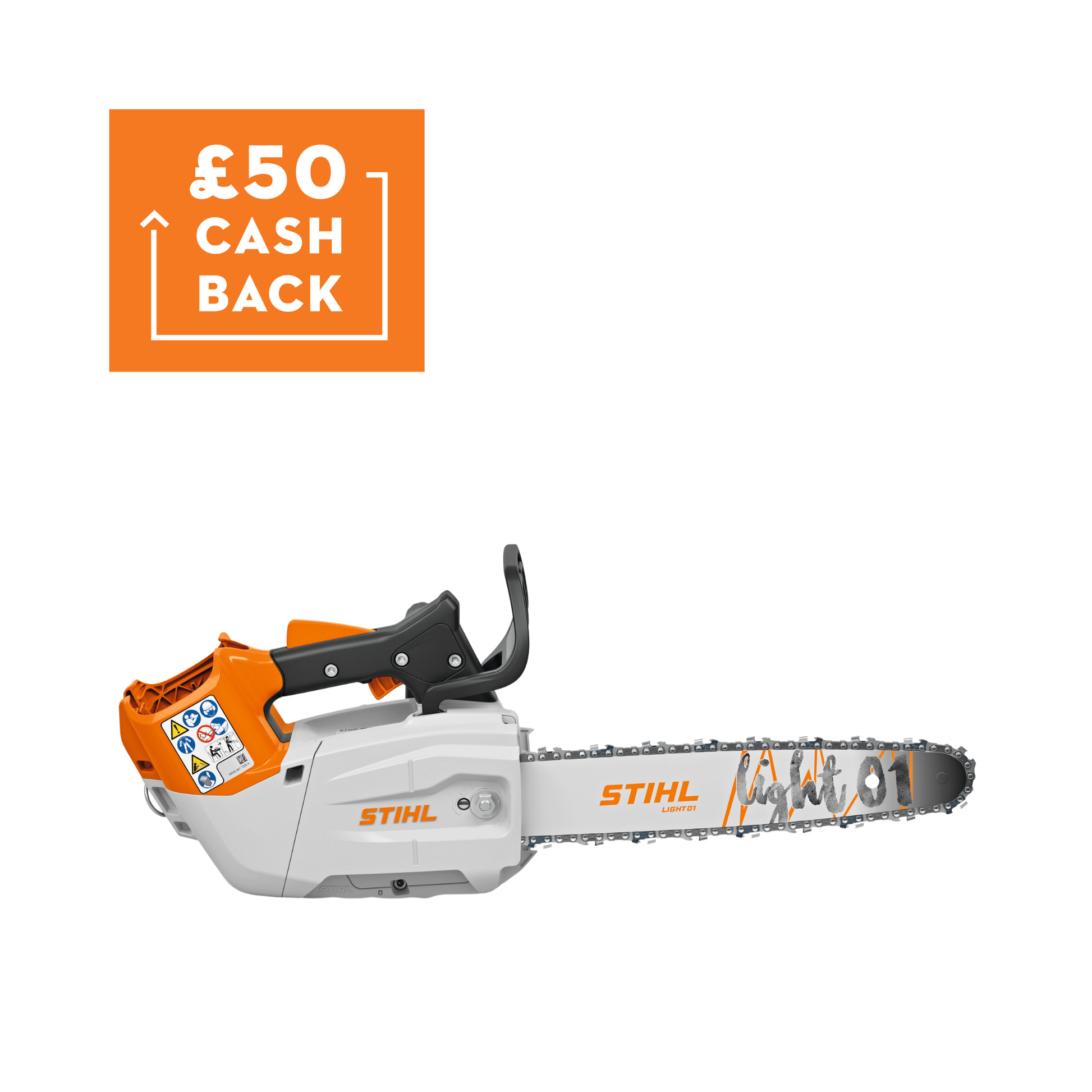 MSA 190 T Cordless Top Handle Chainsaw with £50 cashback offer displayed.