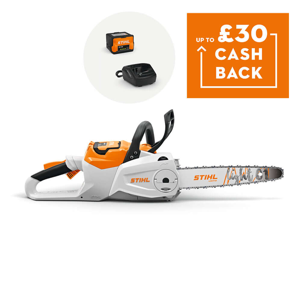 MSA 80 C-B Cordless Chainsaw 14" with cashback offer included in the image.