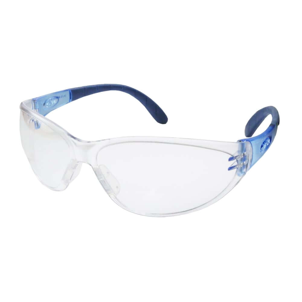 A pair of MSA Perspecta 9000 safety glasses with a wrap-around style, featuring blue temples and a clear lens.