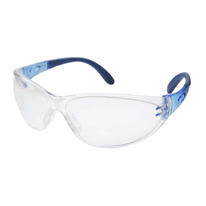 A pair of MSA Perspecta 9000 safety glasses with a wrap-around style, featuring blue temples and a clear lens.