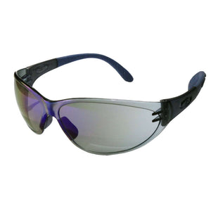 A pair of MSA Perspecta 9000 safety glasses with a wrap-around style, featuring blue temples and a clear lens.