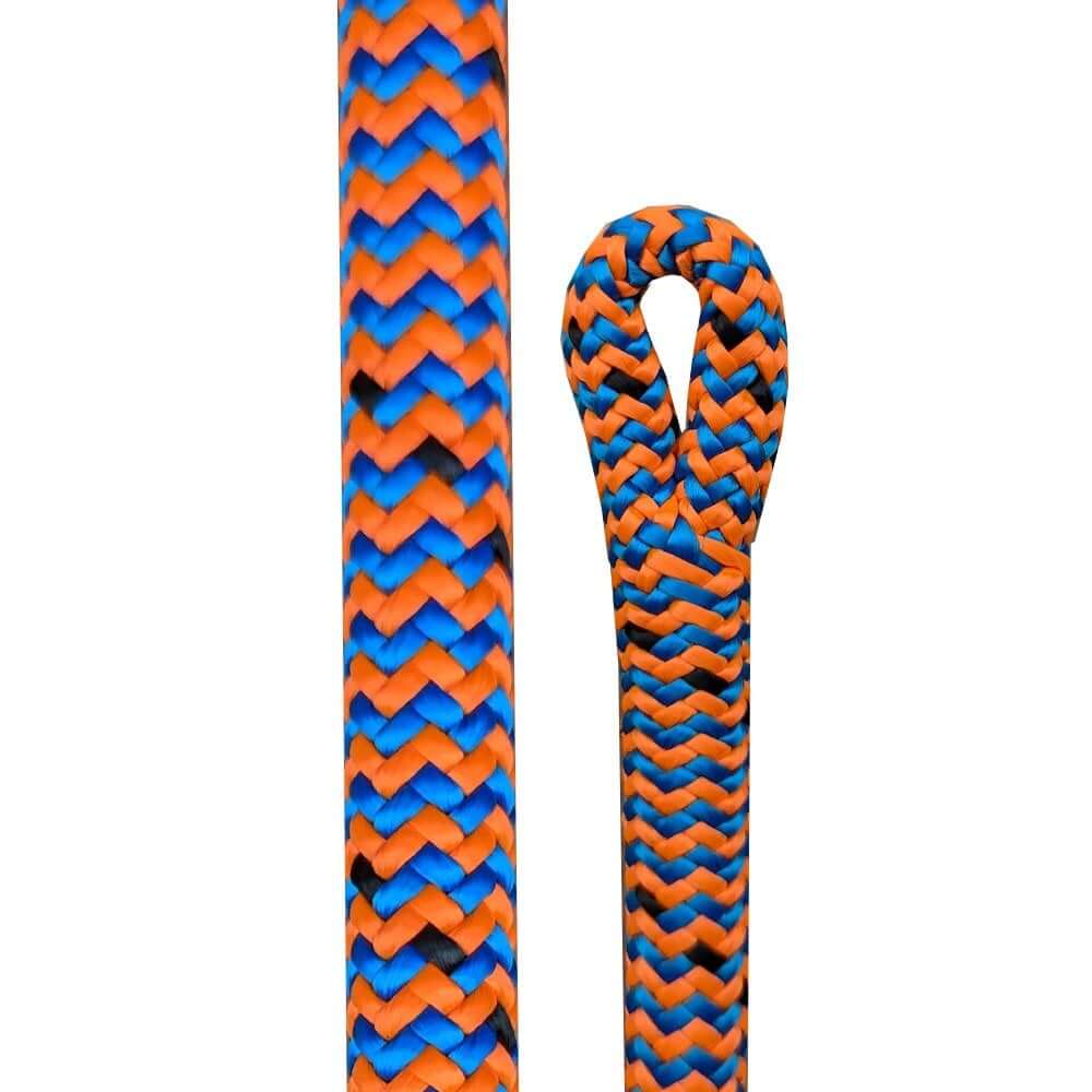 Close-up of Marlow Vesper 11.8mm climbing line in orange and blue, ideal for tree surgeons.