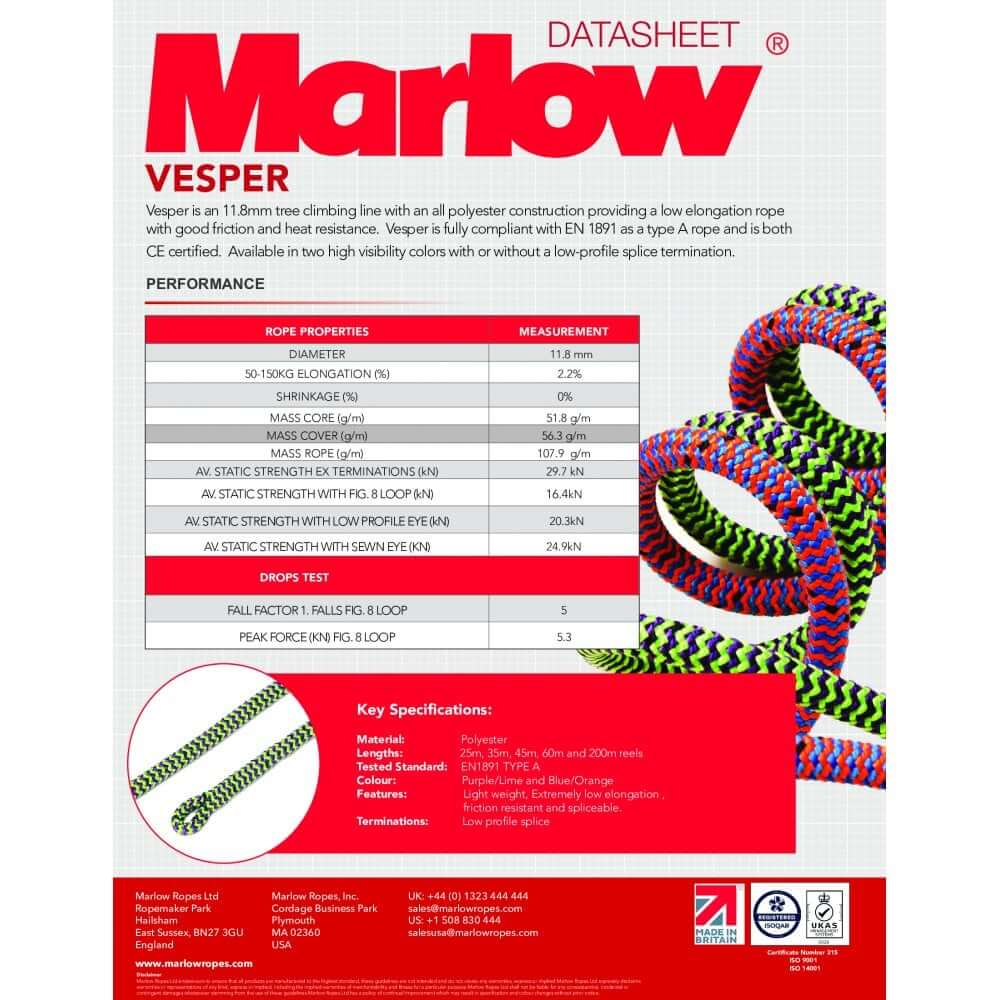 Marlow Vesper 11.8mm climbing line datasheet highlighting features and specifications for tree surgeons.