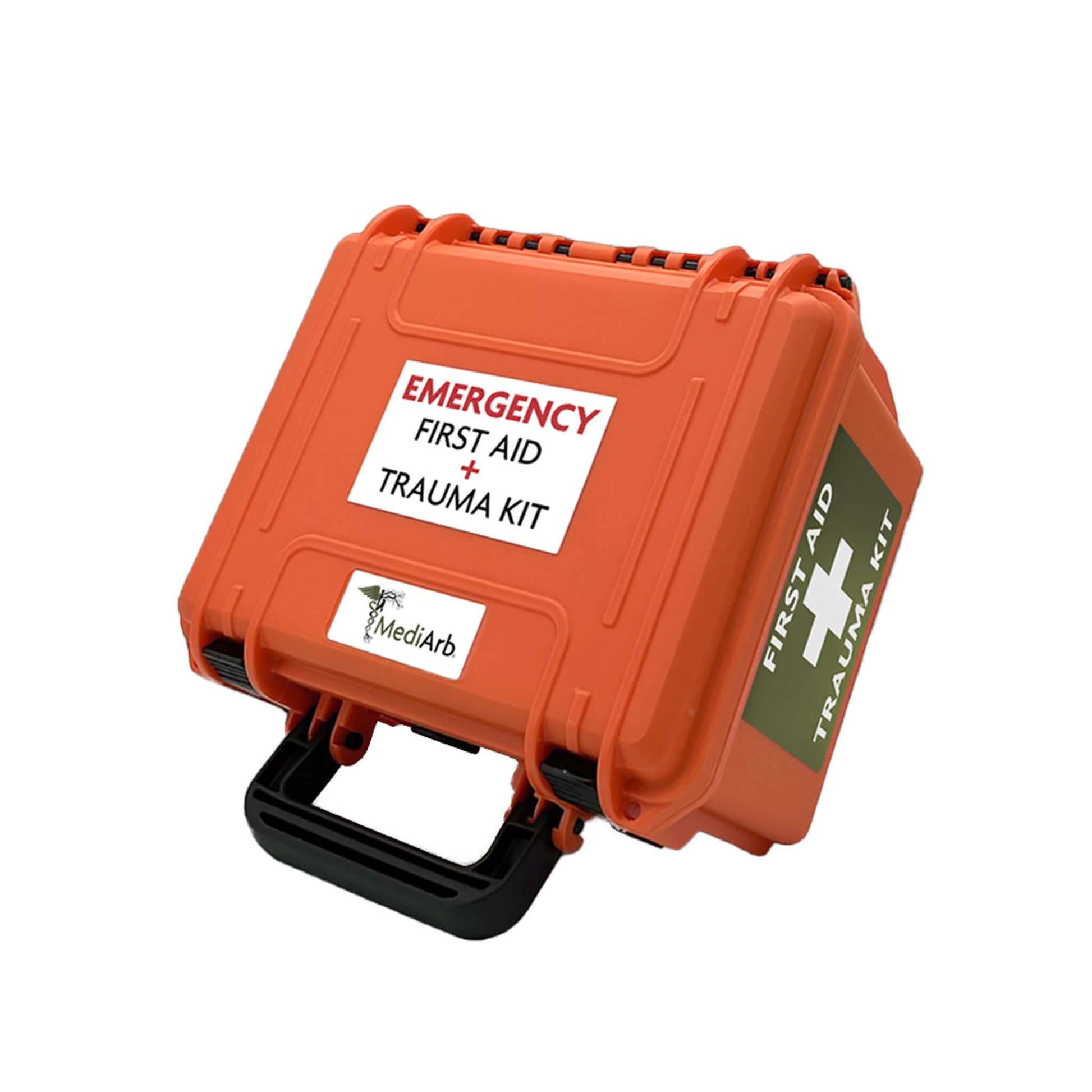 MediArb Emergency First Aid Trauma Kit suitable for tree surgeons, waterproof and ruggedized for outdoor use.