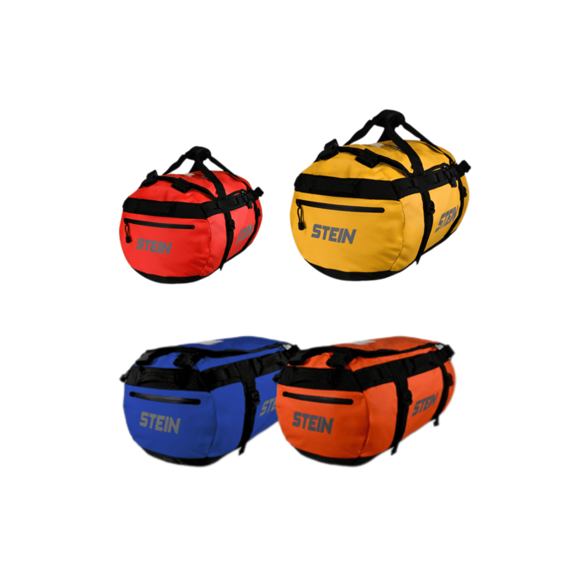 Stein Metro Climbing Gear Kitbags in red, yellow, blue, and orange for tree surgeons, featuring durable, water-resistant PVC.