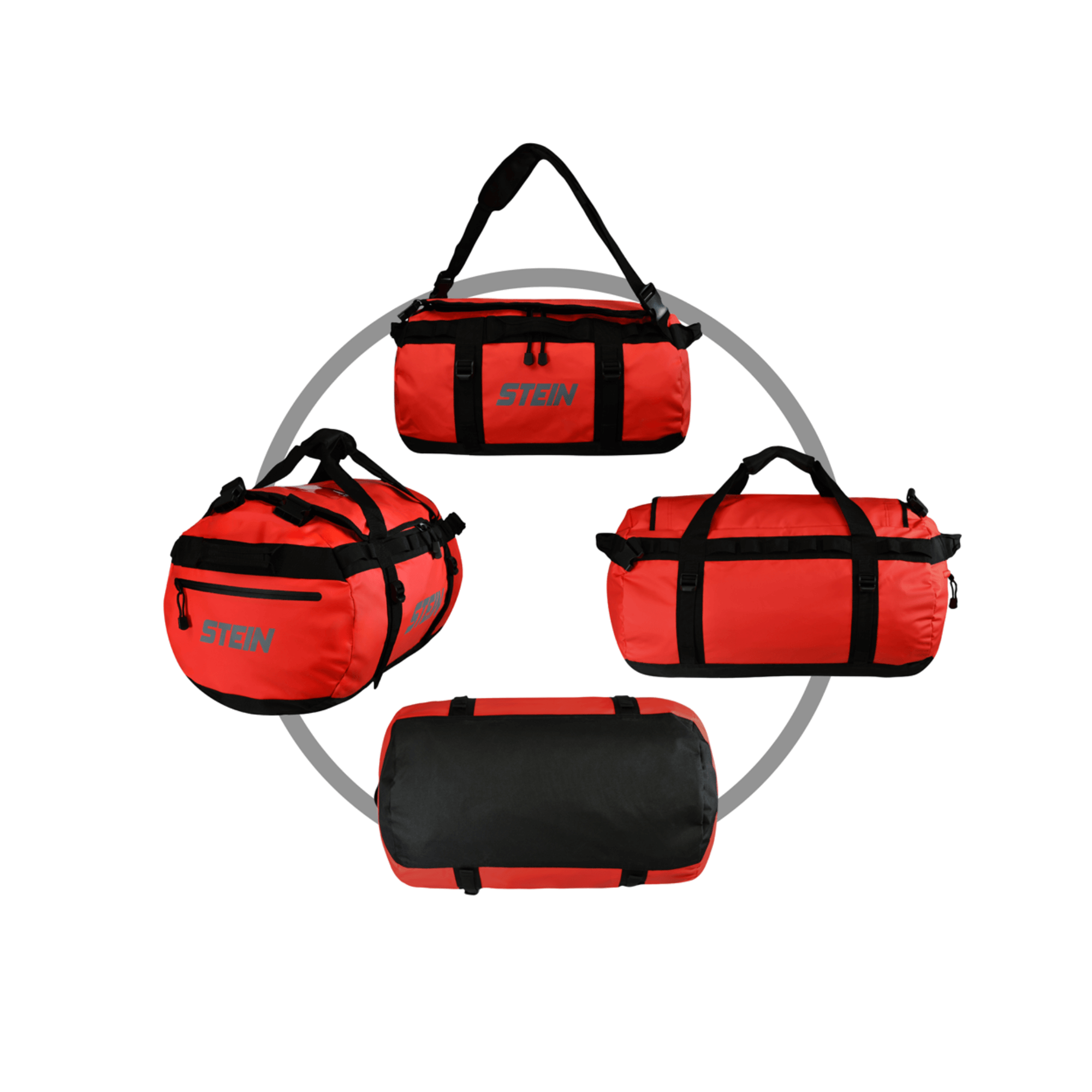 Stein Metro Climbing Gear Kitbags in red, showcasing multiple angles for tree surgeons and gear transport.