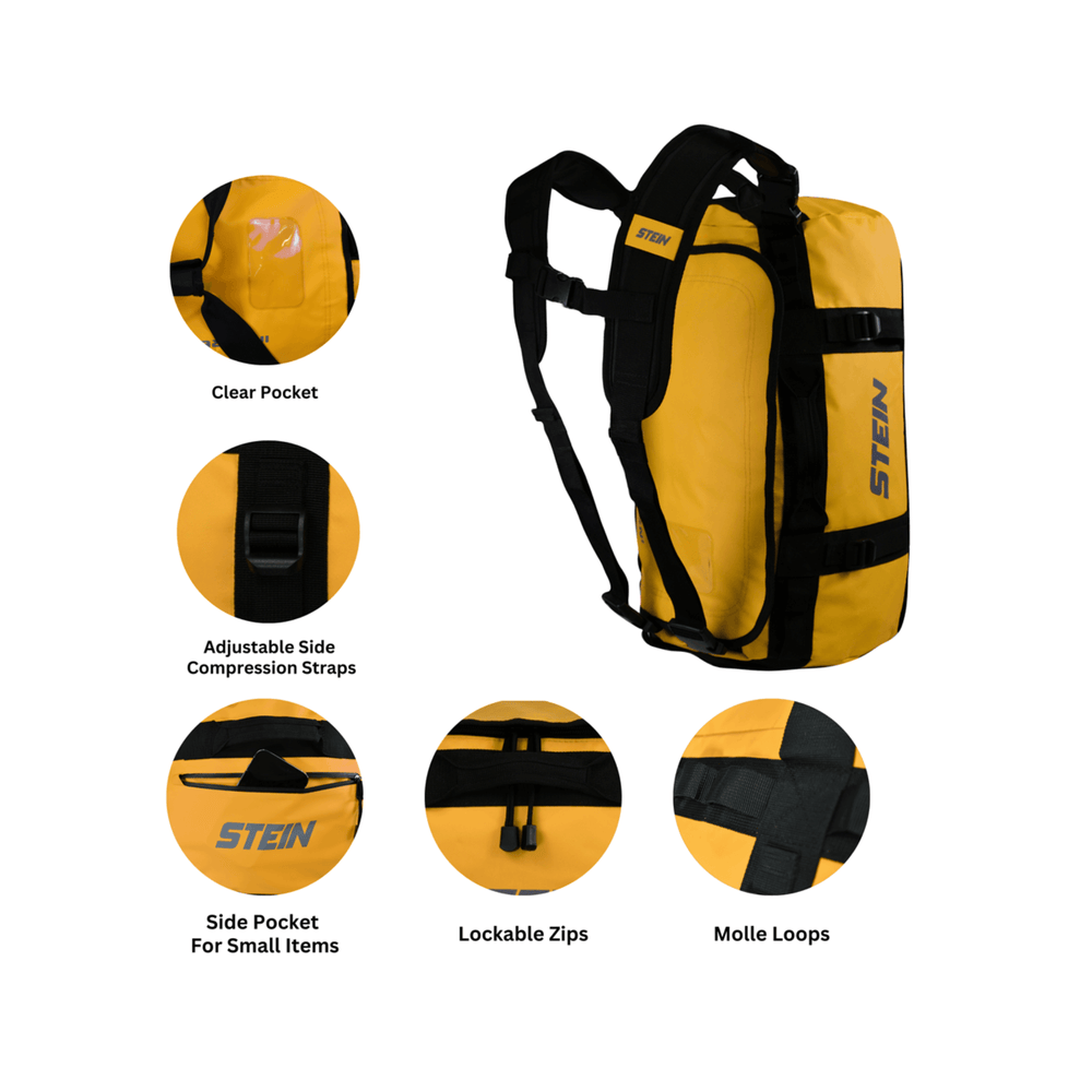 Stein Metro Climbing Gear Kitbag features, including adjustable straps, clear pocket, and lockable zips for tree surgeons.
