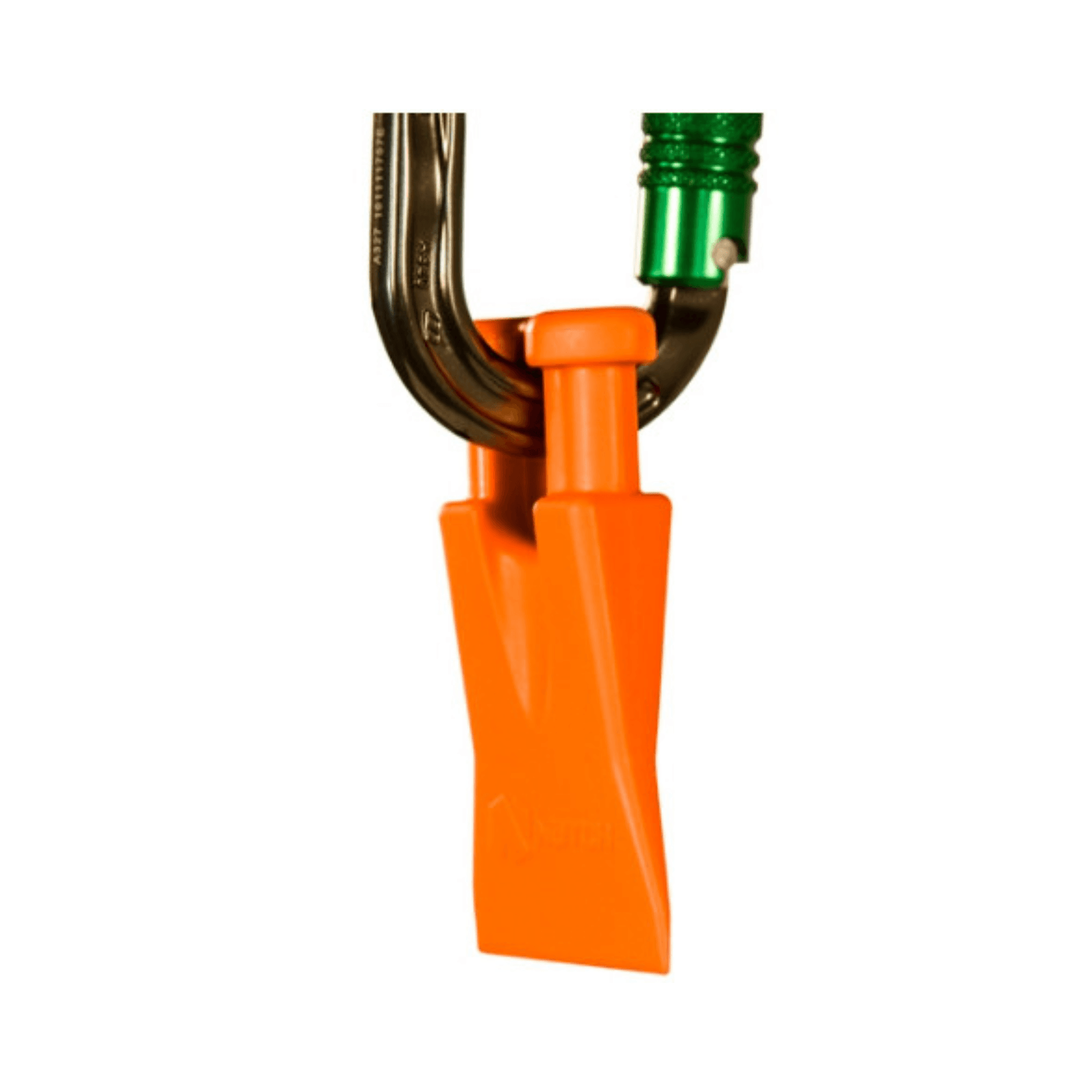 CBF Mini Tree Felling Wedge attached to a carabiner, showcasing its lightweight design and functionality in climbing.