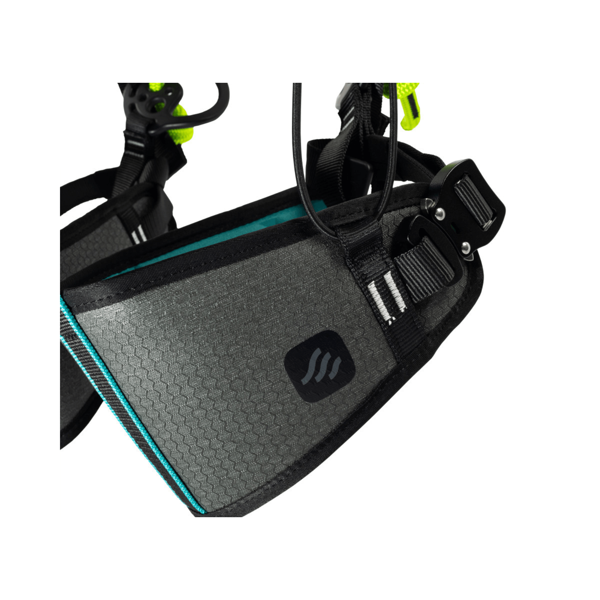 Close-up of the Catalyst Tree Climbing Harness showing custom EVA molded panels and adjustable features.
