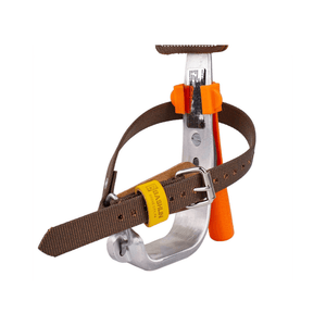 Gaff Guardian II climbing spike accessory with protective cover and straps for safety during transport and storage.