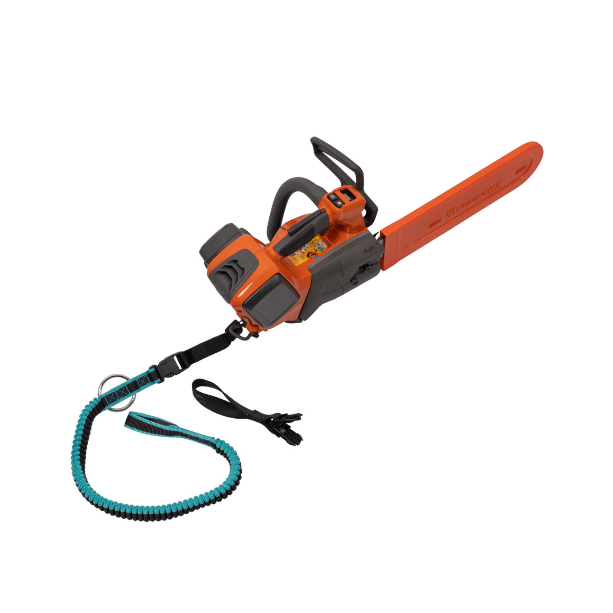 Modular Chainsaw Lanyard attached to a professional chainsaw, showcasing its secure tethering and extended reach.