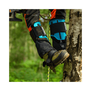 Close-up of Notch Equipment Steel Climbers with ergonomic design enhancing tree climbing performance.