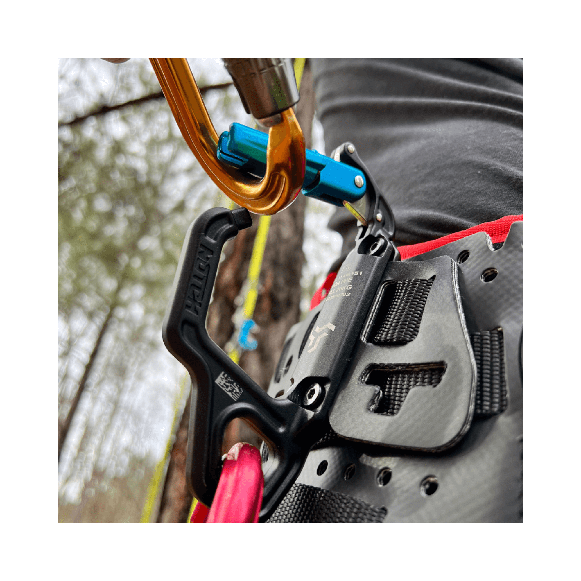 Close-up of the Notch Swinger Tool Carrier attached to a harness, ideal for tree surgeons and arborists.