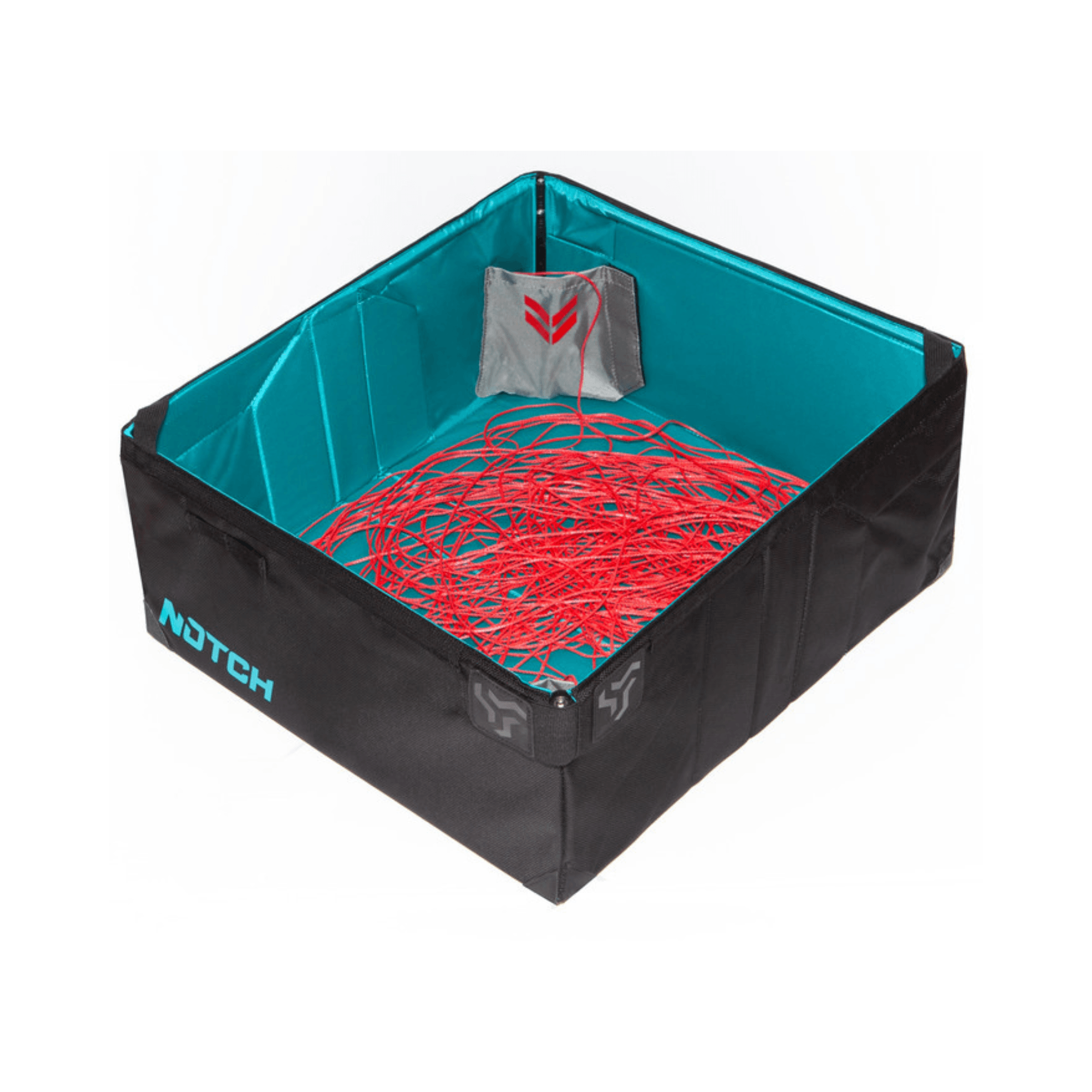 Notch Throwline Popbox with red throwline neatly stored inside, designed for arborists and climbing professionals.