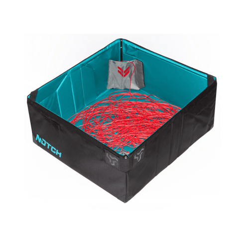 Notch Throwline Popbox with red throwline neatly stored inside, designed for arborists and climbing professionals.