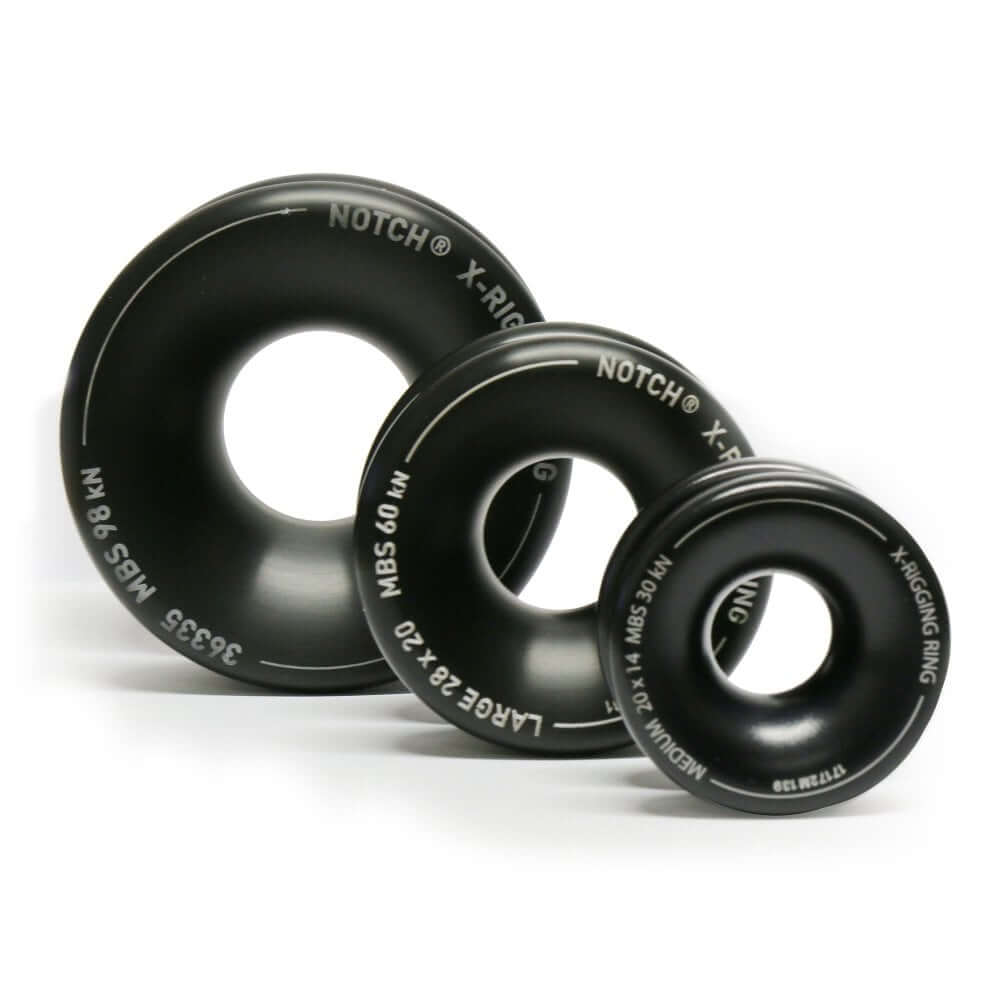 Notch X-Rigging Low Friction Rings in various sizes, made of durable aluminum, ideal for tree surgeons and rigging applications.