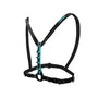 A black chest harness with blue accents, featuring adjustable straps and a central aluminum ring for attaching climbing equipment.