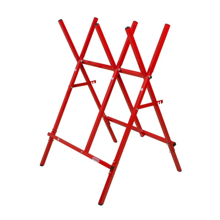 A red steel foldable log sawhorse.