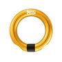 A gold-colored Petzl open gated ring for harnesses, with a black strap
