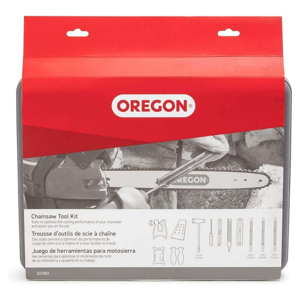 OREGON Chainsaw Chain Sharpening Tool Kit packaging for tree surgeons and DIY enthusiasts.