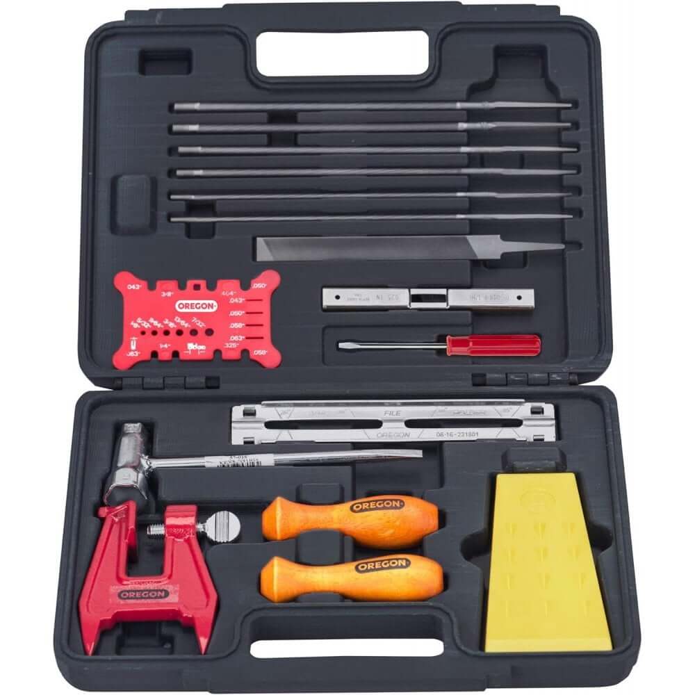 OREGON Chainsaw Chain Sharpening Tool Kit with various tools for professional tree surgeons and efficient sharpening.