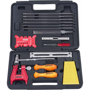 OREGON Chainsaw Chain Sharpening Tool Kit with various tools for professional tree surgeons and efficient sharpening.
