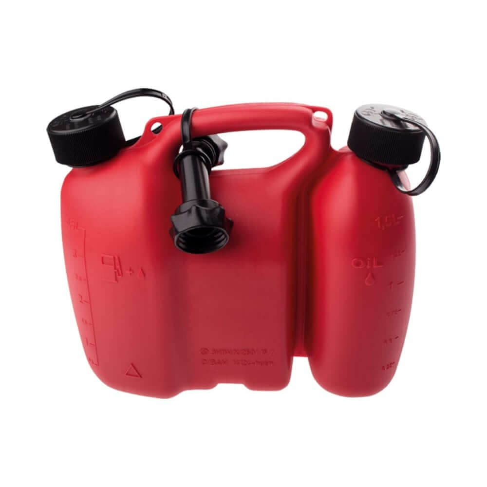 Oregon Fuel and Oil Combination Can in red, designed for tree surgeons, with fuel and oil compartments for easy transport.
