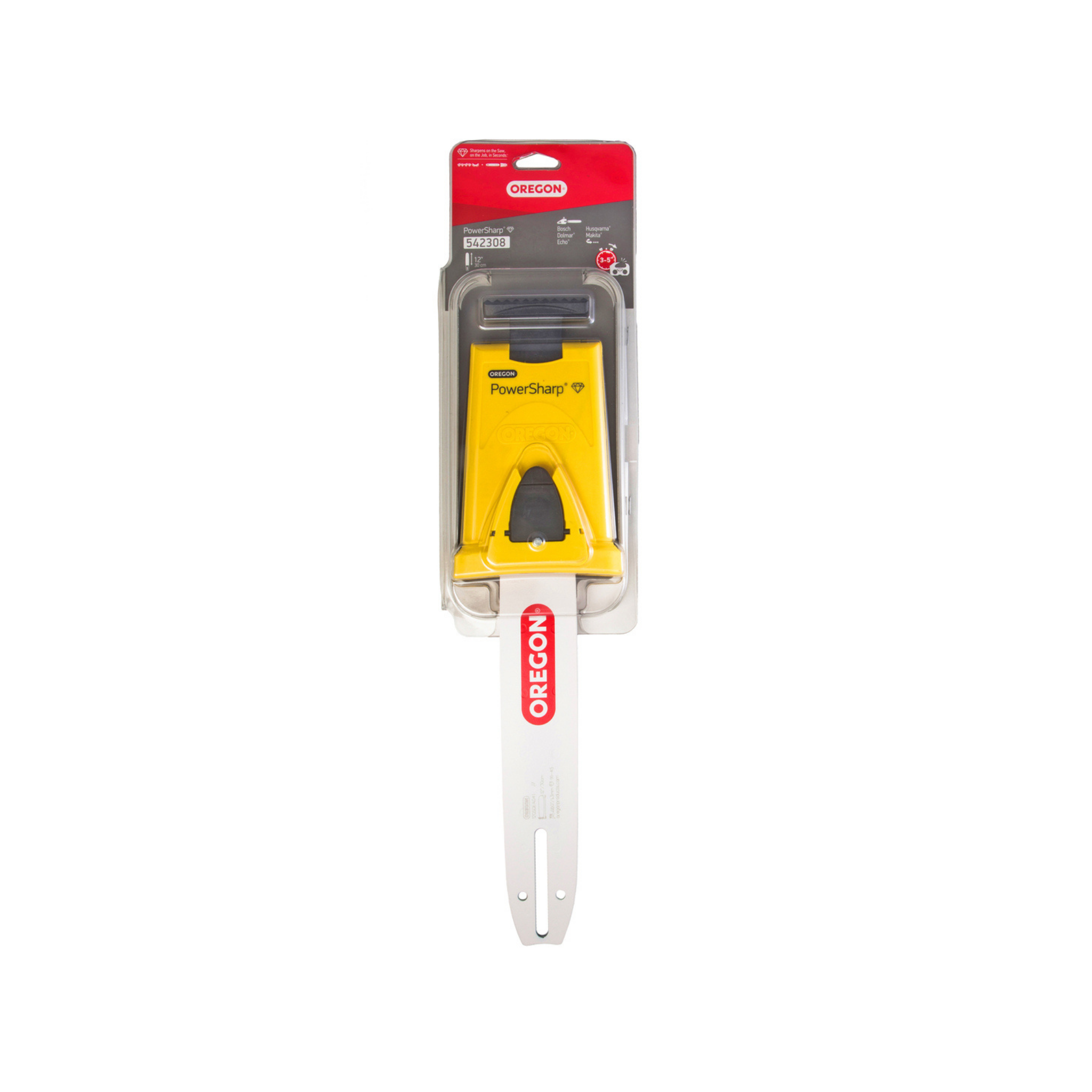 PowerSharp Bar 12" in packaging, genuine Oregon guide bar for chainsaws, compatible with various petrol models.