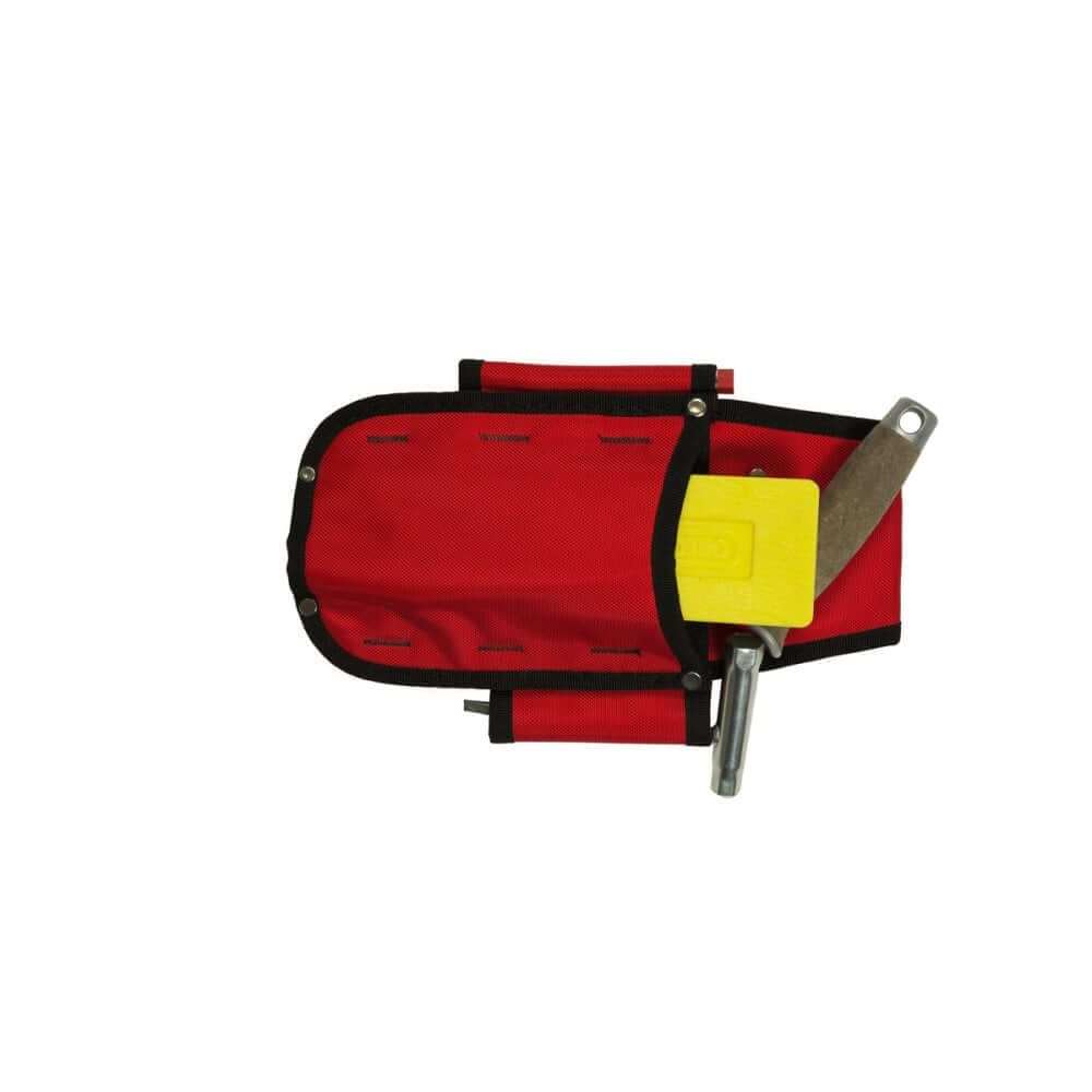 Red tool holster for arborists featuring multiple pockets and secure attachment for easy tool access.