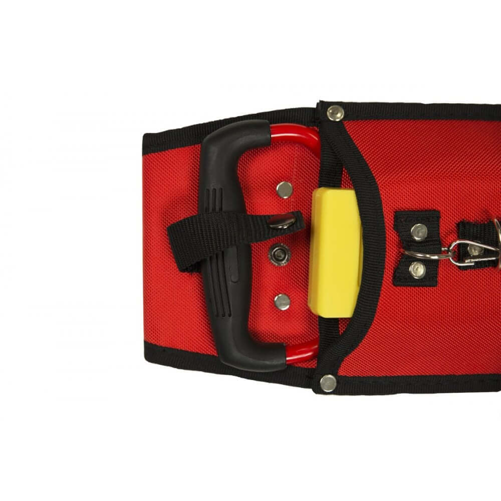 Close-up of Oregon Tool Belt with bright red fabric, harness handle, and yellow attachment. Ideal for tree surgeons.