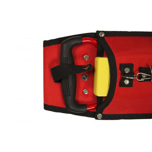 Close-up of Oregon Tool Belt with bright red fabric, harness handle, and yellow attachment. Ideal for tree surgeons.