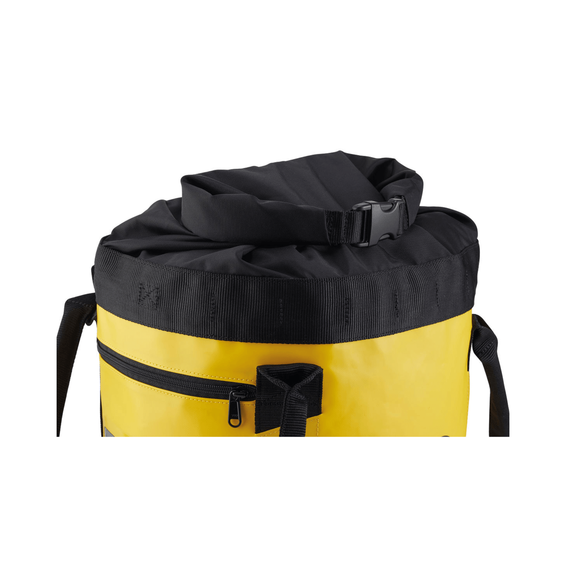Close-up of PETZL BUCKET 15L climbing rope bag, showing yellow waterproof fabric and black top closure.