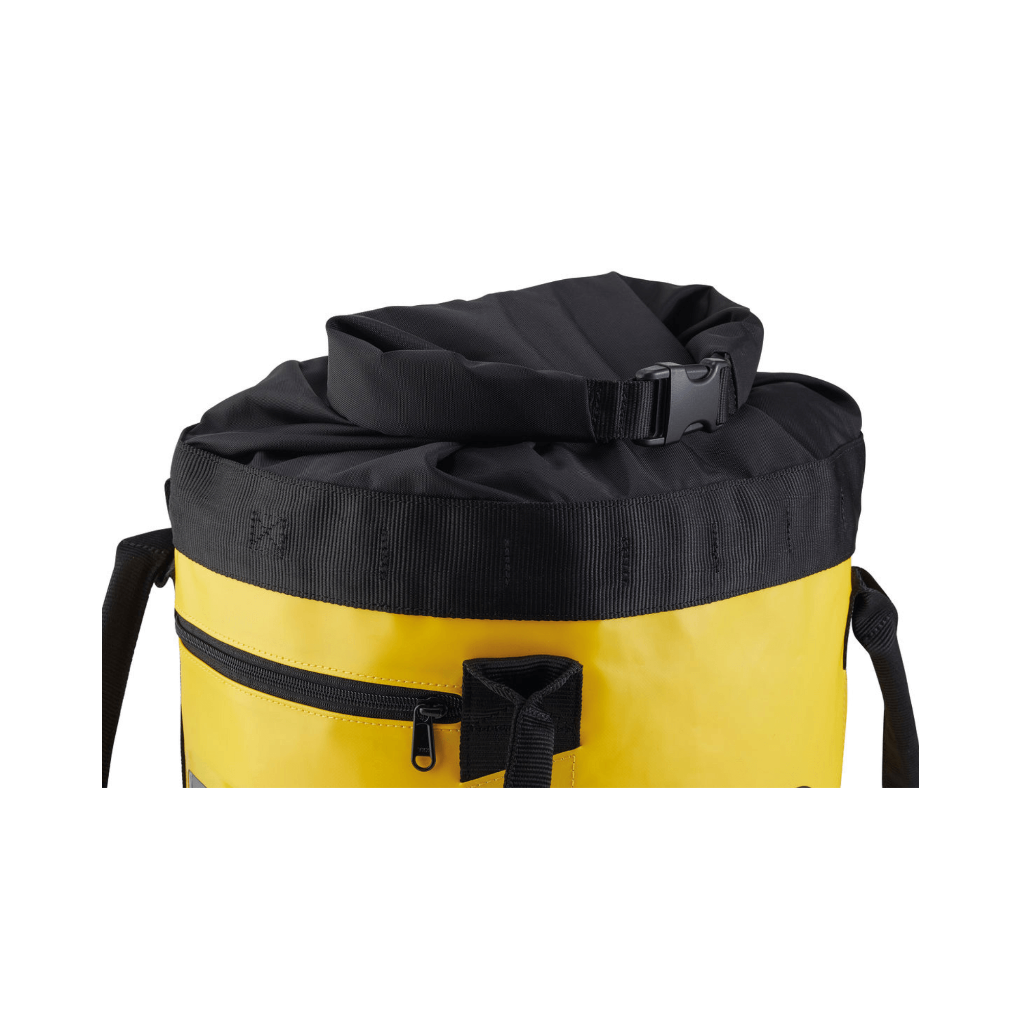 Close-up of PETZL BUCKET 15L climbing rope bag, showing yellow waterproof fabric and black top closure.