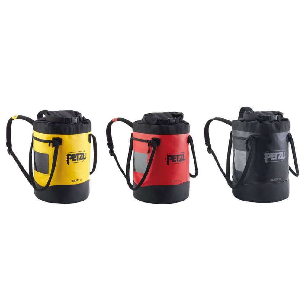 PETZL Bucket 30L rope bag. Durable, cylindrical design with a top closure. Features carry handles and shoulder strap. Used for storing and transporting climbing ropes.