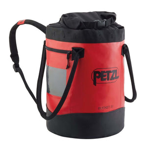 Petzl Bucket 30L climbing rope bag in red color, ideal for tree surgeons and climbing gear transport.