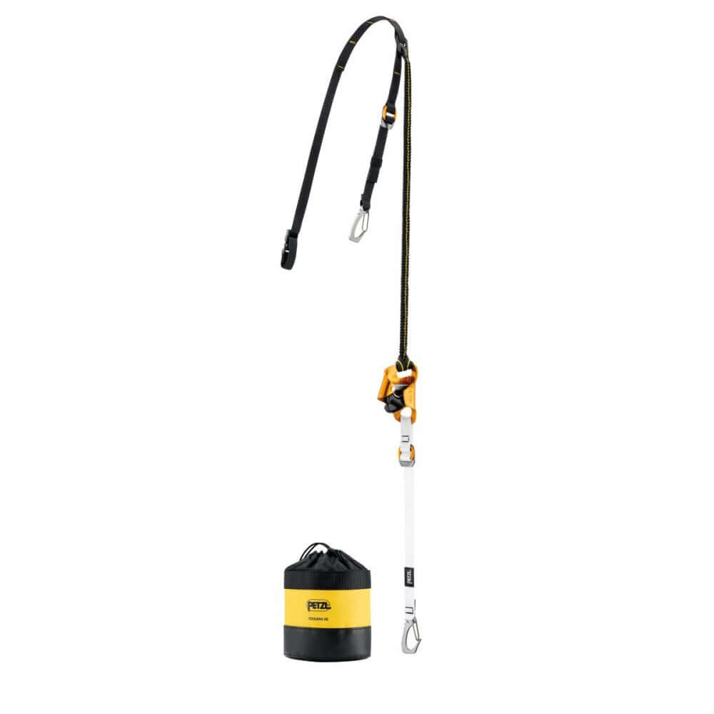 Petzl Knee Ascent Clip with an upper strap, lower strap with connector, and a yellow and black tool pouch.