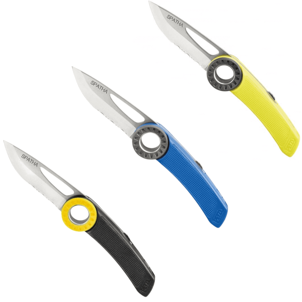 Three Petzl Spatha climbing rope knives with different colored handles (black, blue, and yellow) and stainless steel blades.