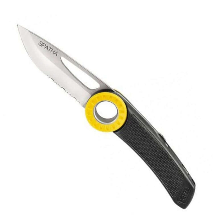 Three Petzl Spatha climbing rope knives with different colored handles (black, blue, and yellow) and stainless steel blades.
