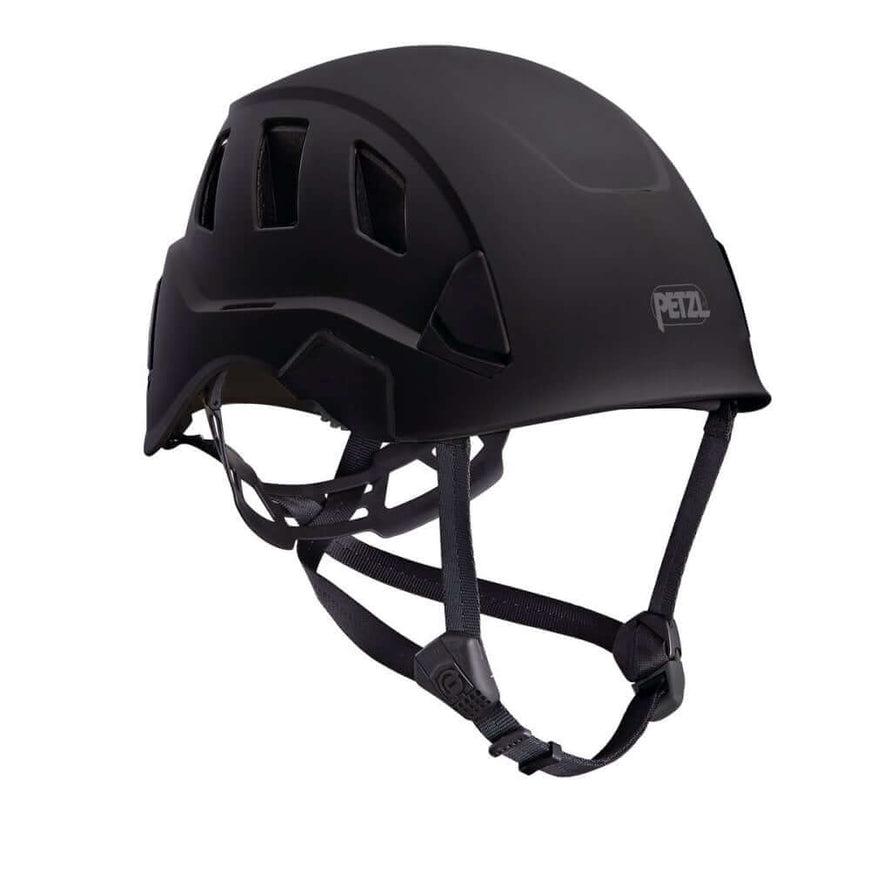 A black Petzl Strato Vent climbing helmet with adjustable chinstrap and integrated headlamp slots.