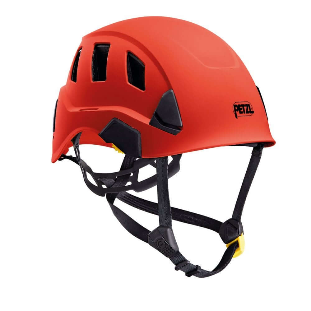 A red Petzl Strato Vent climbing helmet with adjustable chinstrap and integrated headlamp slots.