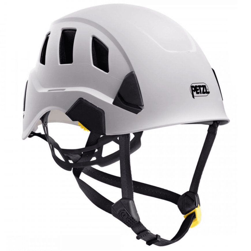 A white Petzl Strato Vent climbing helmet with black straps and yellow accents.